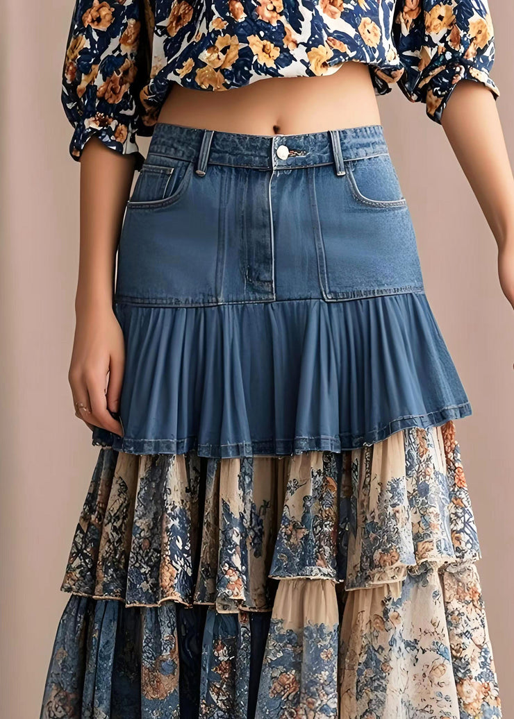 Silm Fit Navy Layered Ruffled Patchwork Print Denim Skirts Spring