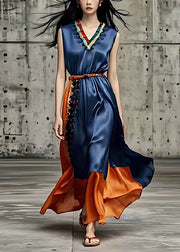Silm Fit Navy Ruffled Patchwork Silk Holiday Dress Summer