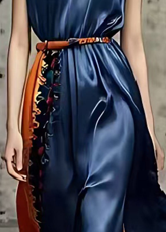 Silm Fit Navy Ruffled Patchwork Silk Holiday Dress Summer