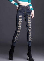 Silm Fit Navy Tasseled Denim Ripped Pants Spring