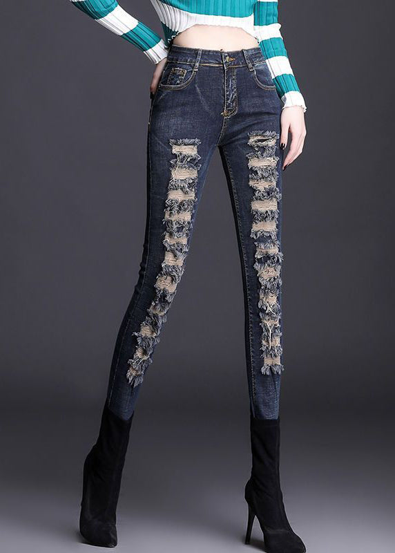 Silm Fit Navy Tasseled Denim Ripped Pants Spring