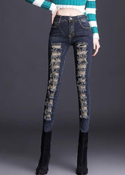 Silm Fit Navy Tasseled Denim Ripped Pants Spring