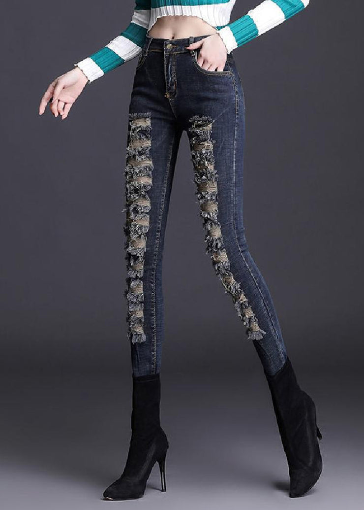 Silm Fit Navy Tasseled Denim Ripped Pants Spring