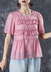 Silm Fit Pink Ruffled Cotton Blouses Summer