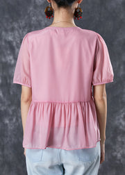 Silm Fit Pink Ruffled Cotton Blouses Summer
