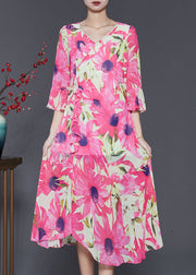 Silm Fit Pink V Neck Print Chiffon Long Dress Flare Sleeve