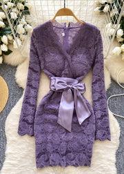 Silm Fit Purple Cinched Lace Day Dress Spring