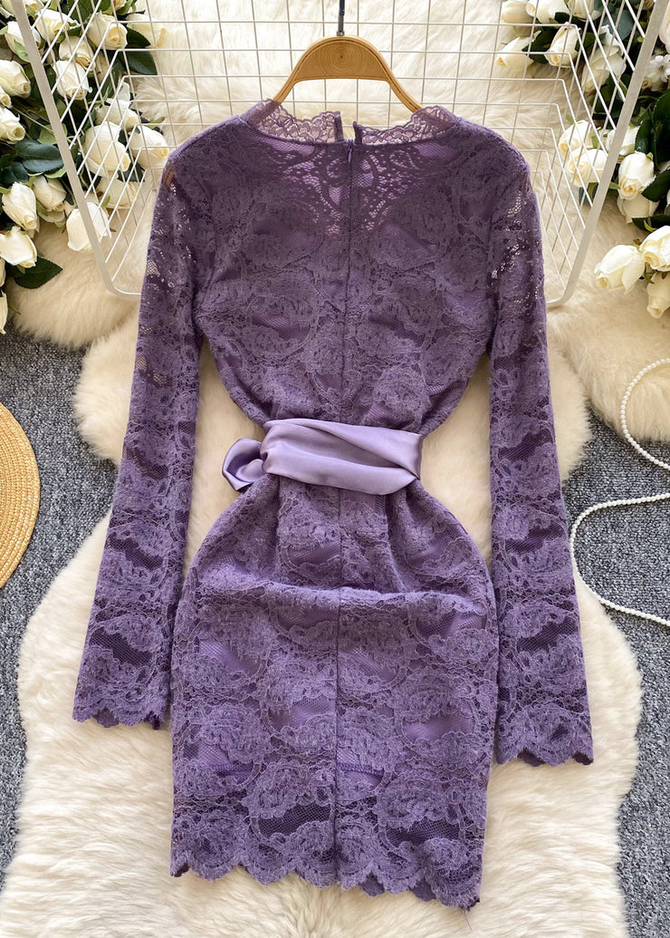 Silm Fit Purple Cinched Lace Day Dress Spring