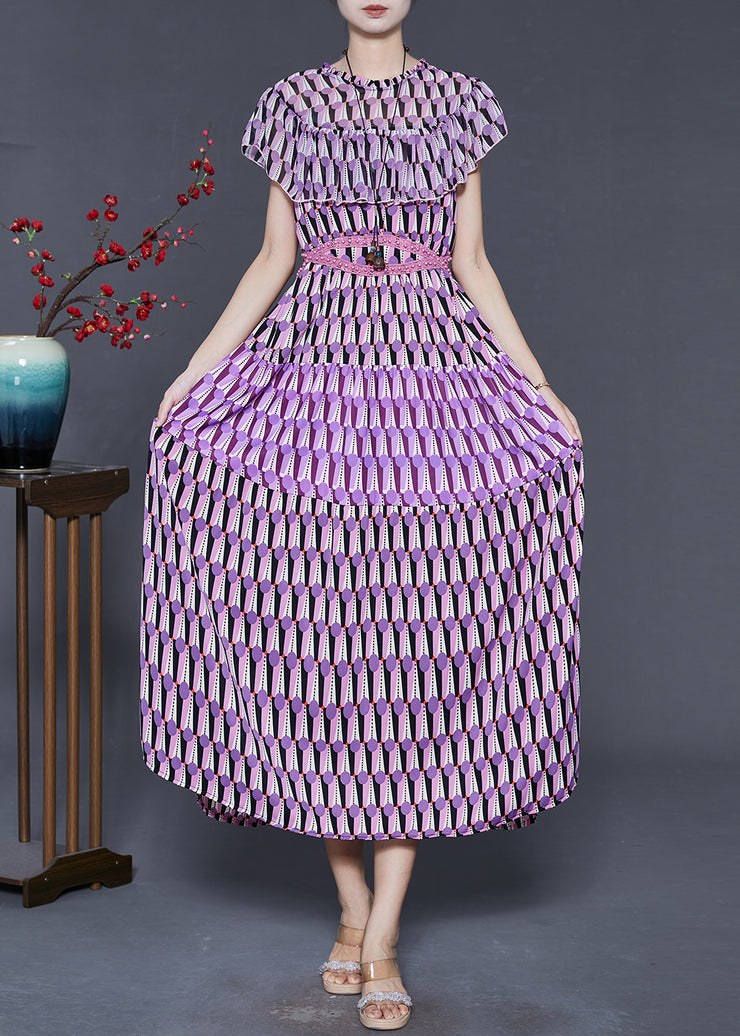 Silm Fit Purple Print Chiffon Dresses Cloak Sleeves