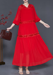 Silm Fit Red Hooded Patchwork Lace Chiffon Robe Dresses Spring