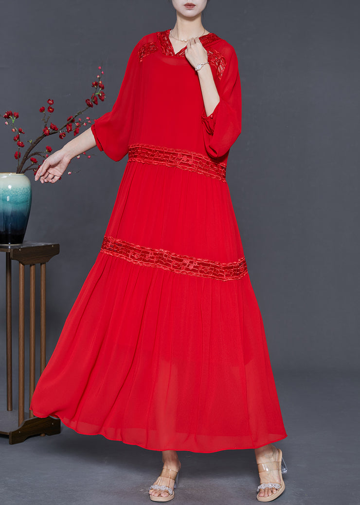 Silm Fit Red Hooded Patchwork Lace Chiffon Robe Dresses Spring