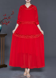 Silm Fit Red Hooded Patchwork Lace Chiffon Robe Dresses Spring