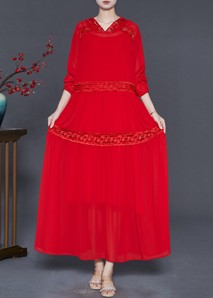 Silm Fit Red Hooded Patchwork Lace Chiffon Robe Dresses Spring