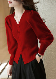 Silm Fit Red V Neck Side Open Knit Shirt Spring