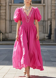 Silm Fit Rose Puff Sleeve Wrinkled Cotton Long Dress