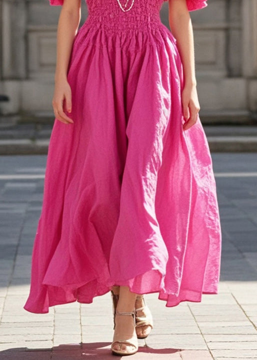 Silm Fit Rose Puff Sleeve Wrinkled Cotton Long Dress