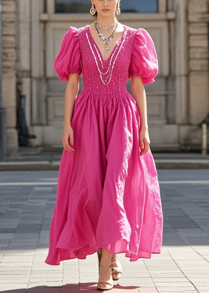 Silm Fit Rose Puff Sleeve Wrinkled Cotton Long Dress