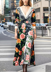 Silm Fit V Neck Patchwork Floral Silk Velvet Robe Dresses Spring