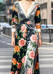 Silm Fit V Neck Patchwork Floral Silk Velvet Robe Dresses Spring