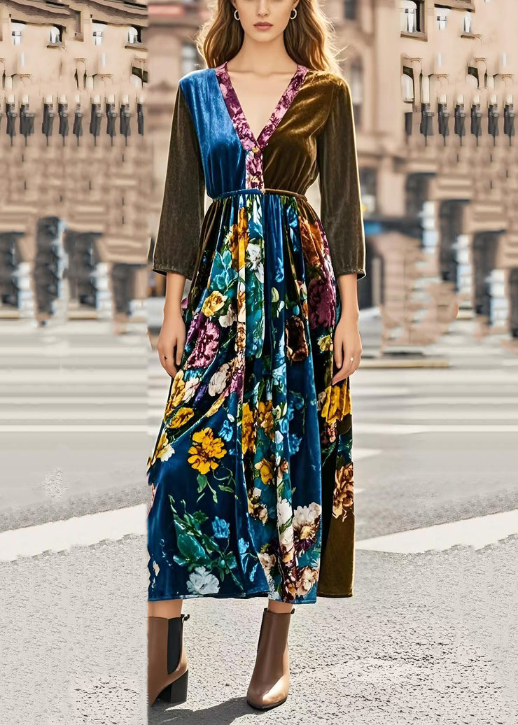 Silm Fit V Neck Patchwork Print Silk Velvet Cinched Dresses Spring