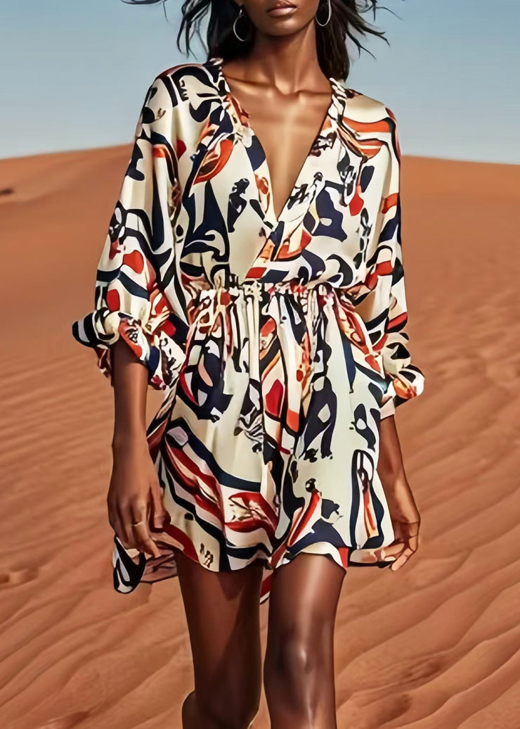 Silm Fit V Neck Print Silk Mini Dress Summer