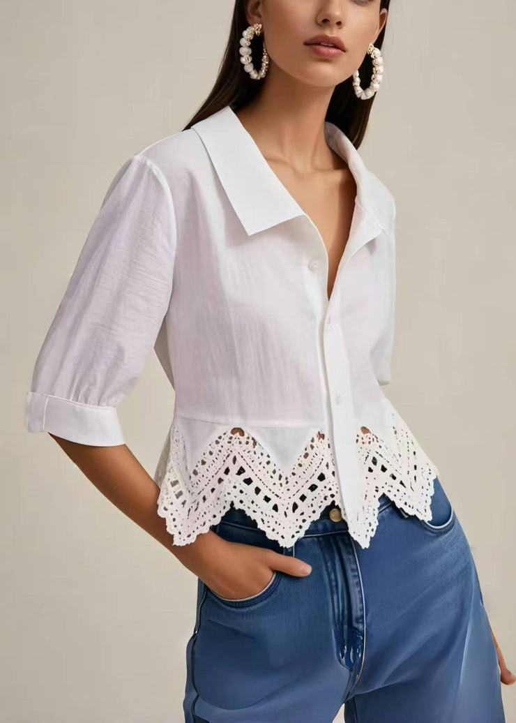 Silm Fit White Peter Pan Collar Patchwork Lace Short Shirts Summer