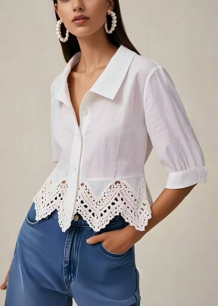 Silm Fit White Peter Pan Collar Patchwork Lace Short Shirts Summer