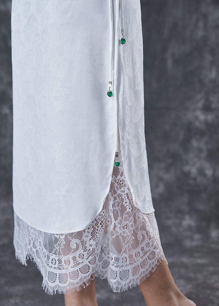 Silm Fit White Tasseled Lace Patchwork Cotton Wraped Skirt Fall