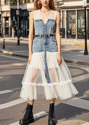 Silm Fit White V Neck Patchwork Denim Tulle Vacation Dresses Sleeveless