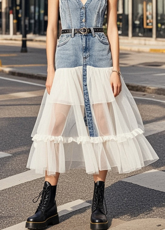 Silm Fit White V Neck Patchwork Denim Tulle Vacation Dresses Sleeveless