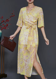 Silm Fit Yellow Print Side Open Chiffon Holiday Dresses Summer