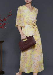 Silm Fit Yellow Print Side Open Chiffon Holiday Dresses Summer