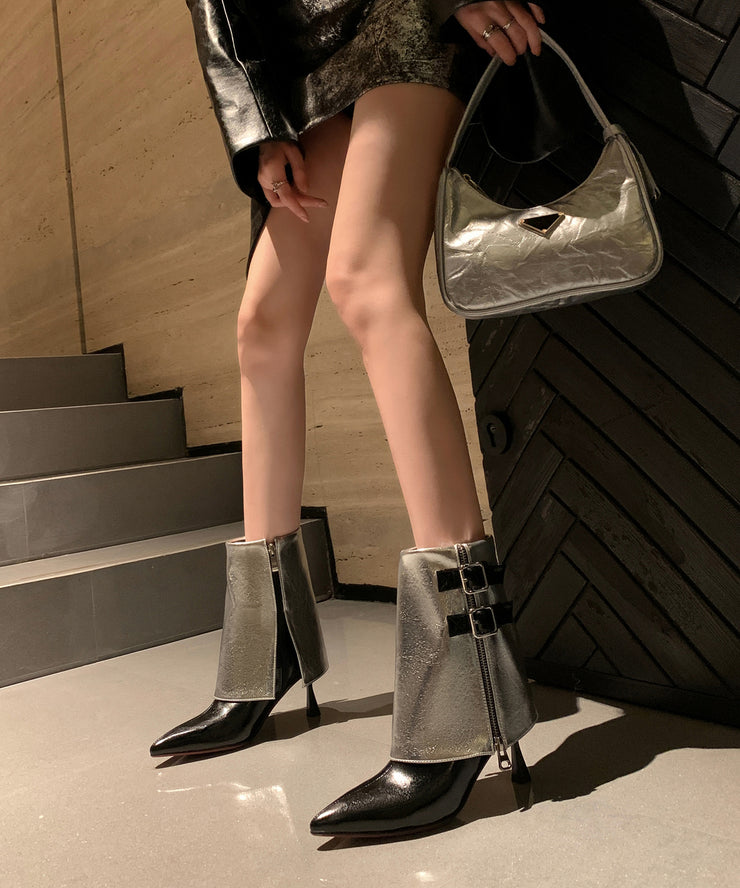 Silver Cowhide Leather Splicing Chic Zippered Stiletto Boots