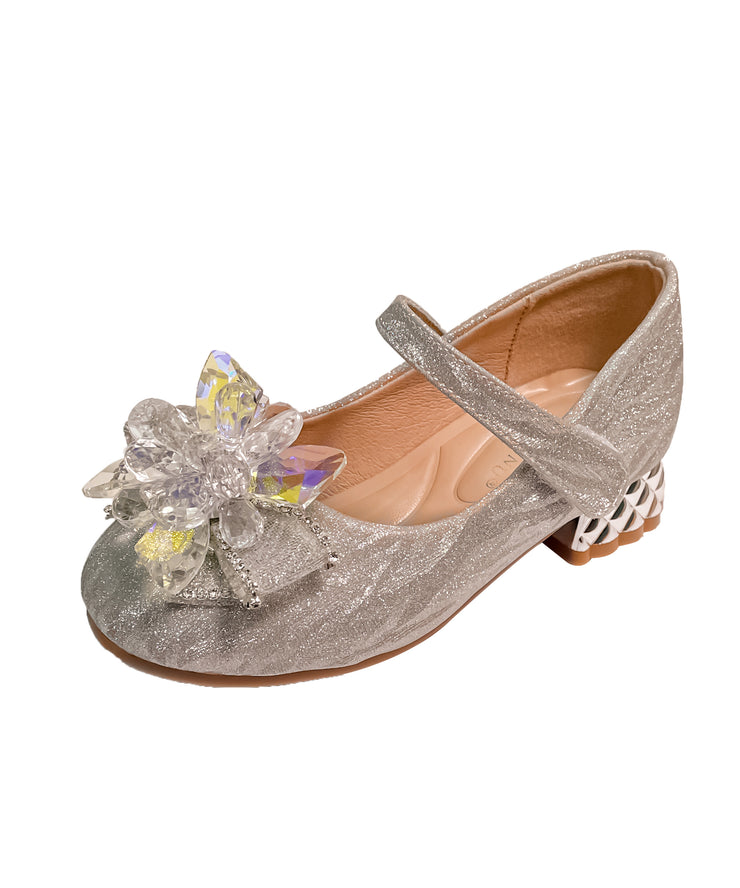 Silver Faux Leather Stylish Girls Crystal Princess Buckle Strap Flats