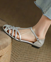 Silver Flat Sandals Cowhide Leather Fine Splicing Hollow Out