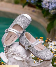 Silver Flat Shoes For Kids Girls Faux Leather Buckle Strap Sequins