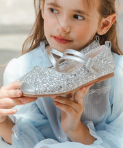 Silver Flat Shoes For Kids Girls Faux Leather Buckle Strap Sequins