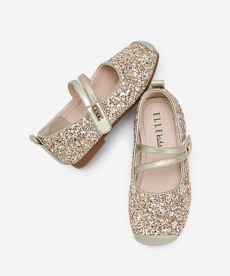 Silver Flat Shoes For Kids Girls Faux Leather Buckle Strap Sequins