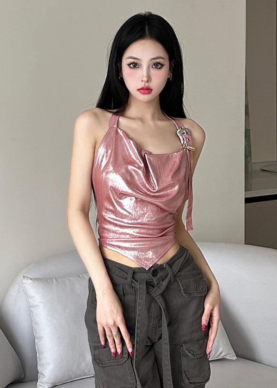 Silver Hanging Neck Style Suspender Shiny Pleated Short Top