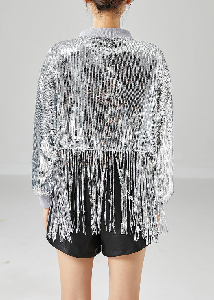 Silver Sequins Patchwork Coats Oversized Tasseled Summer