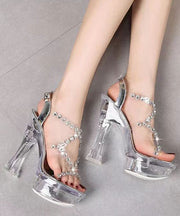 Silver Stylish Hollow Out Peep Toe Chunky Heel Sandals