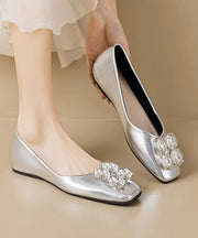 Silver Zircon Cowhide Leather Women Splicing Penny Loafers