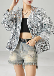 Silvery Oversized Coats Sequins Spring