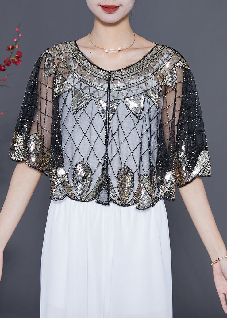 Silvery Sequins Loose Tulle Smock Embroidered Summer