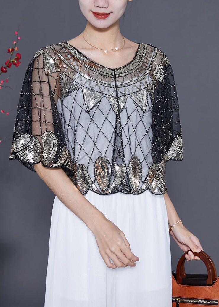 Silvery Sequins Loose Tulle Smock Embroidered Summer