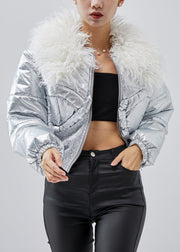 Silvery Thick Fine Cotton Filled Short Jackets Elastic Waist Winter