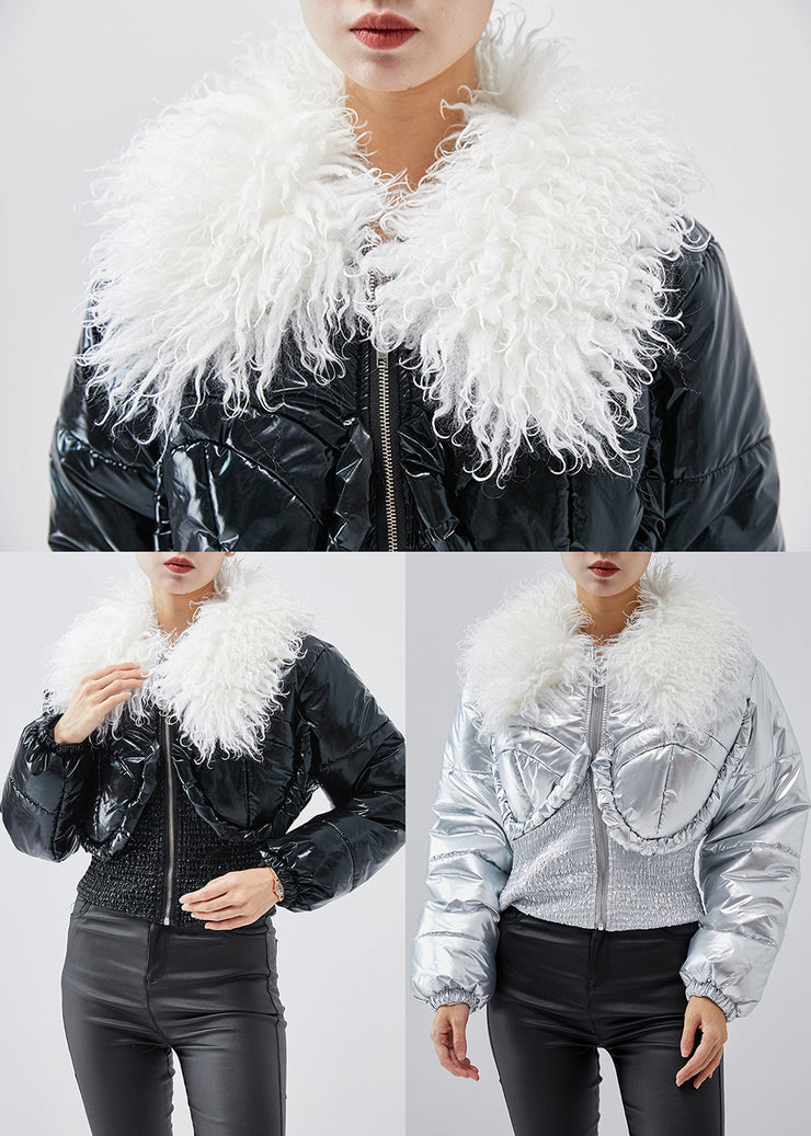 Silvery Thick Fine Cotton Filled Short Jackets Elastic Waist Winter