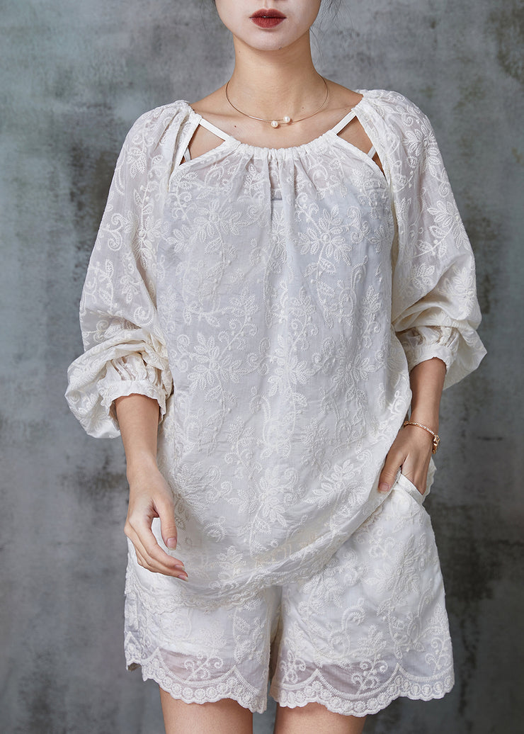 Simple Apricot Embroidered Cold Shoulder Cotton Women Sets 2 Pieces Summer