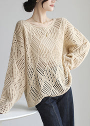 Simple Apricot O Neck Hollow Out Knit Sweater Spring