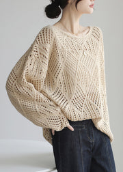 Simple Apricot O Neck Hollow Out Knit Sweater Spring